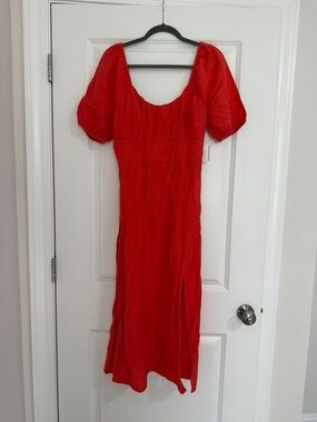 LOFT Bright Coral Puff-Sleeve Midi Dress